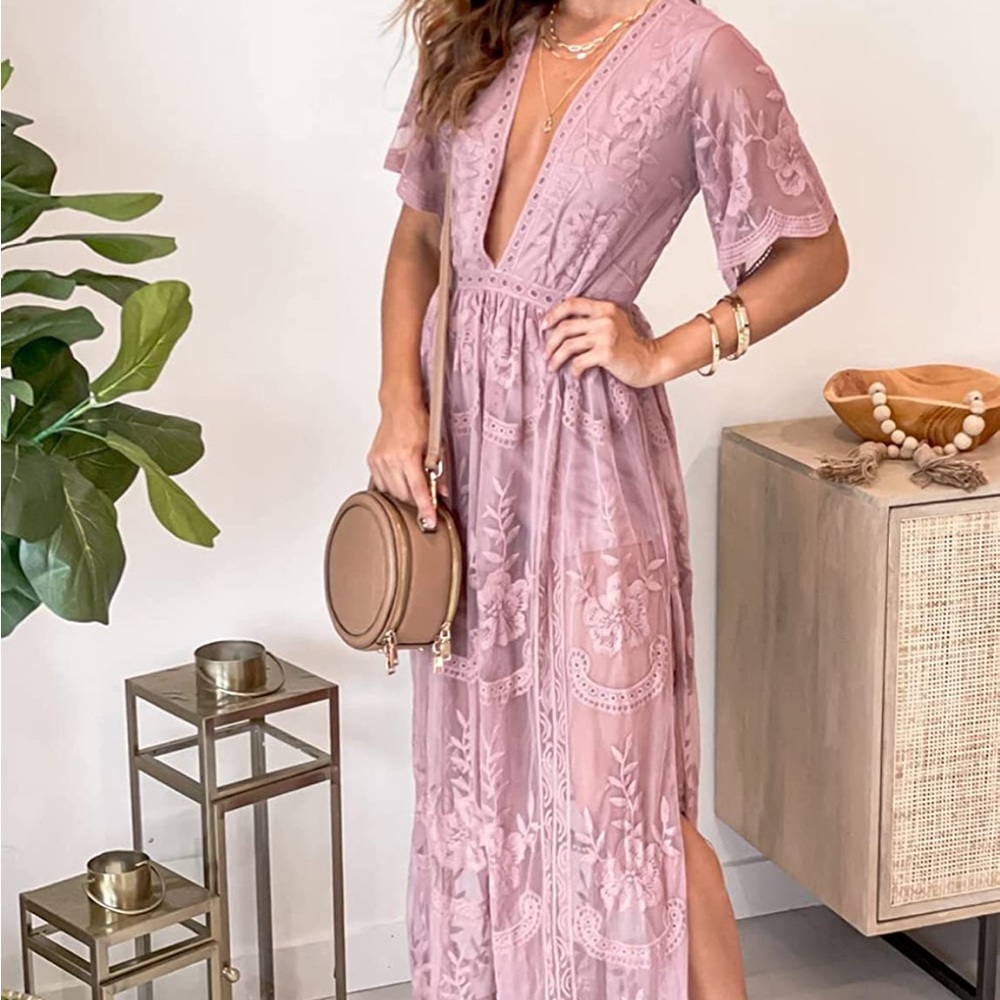 Deep V-Neck Lace Romper Short Sleeve Long Dress